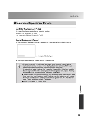 Page 3937
Maintenance
Appendix
Consumable Replacement Periods
Air Filter Replacement Period
If the air filter becomes broken or too dirty to clean
Replace with an optional air filter.
 Appendix: Optional Accessories p.40
Lamp Replacement Period
•The message Replace the lamp. appears on the screen when projection starts.
•The projected images get darker or star t to deteriorate.
•In order to maintain the brightness and quality of the projected images, a lamp 
replacement warning message will be displayed after...