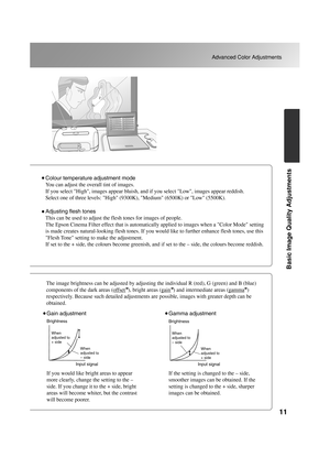 Page 1311
Advanced Color Adjustments
Basic Image Quality Adjustments
Brightness
Input signal
When 
adjusted to 
+ side When 
adjusted to 
– side
Brightness
Input signal
When 
adjusted to 
– side When 
adjusted to 
+ side
Colour temperature adjustment mode
You can adjust the overall tint of images.
If you select High, images appear bluish, and if you select Low, images appear reddish.
Select one of three levels: High (9300K), Medium (6500K) or Low (5500K).
Adjusting flesh tones
This can be used to adjust the...