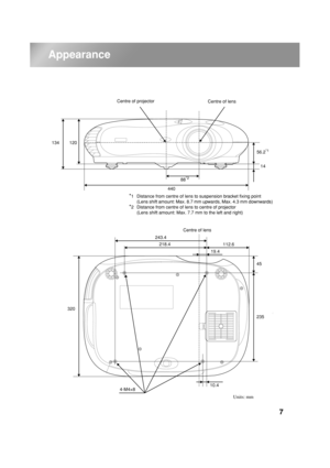 Page 97
Appearance
Centre of projector
Centre of lens
*1 Distance from centre of lens to suspension bracket fixing point
(Lens shift amount: Max. 8.7 mm upwards, Max. 4.3 mm downwards)
*2 Distance from centre of lens to centre of projector
(Lens shift amount: Max. 7.7 mm to the left and right)88
*2
440
5
134 120
56.2
*1
14
112.6 218.4 243.4
10.4235 32045
4-M4×8
Units: mm
Centre of lens
19.4
TW200-E.book  Page 7  Monday, September 1, 2003  5:19 PM 