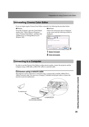 Page 2725
Preparation for Using Cinema Color Editor
Adjusting projected images using a computer
TW500_English
 
Uninstalling Cinema Color Editor
If you no longer require Cinema Color Editor, uninstall it by following the procedure below.
Connecting to a Computer
In order to use the Cinema Color Editor to adjust picture quality, connect the projector and the 
computer using a USB cable, an RS-232C cable or a network cable.
Connection using a network cable
The projector can be connected to a network using a...