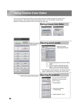 Page 3028
TW500_English
Using Cinema Color Editor
You can use the Cinema Color Editor to easily adjust the picture quality of projector images and to 
operate projectors. The following information describes how to use the Windows edition of the 
program. The Macintosh edition works in basically the same way.
Starting Cinema Color Editor
Adjusting picture quality
Operating the projector
Click to go to remote control window
Drag the gauge button to the left or right to 
adjust. *
Click to increase or decrease the...