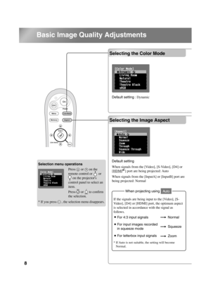 Page 108
TW500_English
Basic Image Quality Adjustments
Selecting the Color Mode
Selecting the Image Aspect
Selecting the Image Aspect
Selecting the Color Mode
Default setting
When signals from the [Video], [S-Video], [D4] or 
[HDMI   ] port are being projected: Auto
When signals from the [InputA] or [InputB] port are 
being projected: Normal
If the signals are being input to the [Video], [S-
Video], [D4] or [HDMI] port, the optimum aspect 
is selected in accordance with the signal as 
follows.
* If Auto is not...