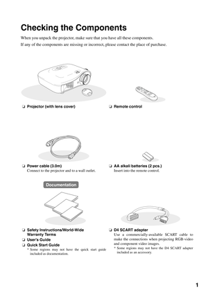 Page 31
Checking the Components
When you unpack the projector, make sure that you have all these components.
If any of the components are missing or incorrect, please contact the place of purchase.
❏Projector (with lens cover)❏Remote control
❏Power cable (3.0m)
Connect to the projector and to a wall outlet.❏AA alkali batteries (2 pcs.)
Insert into the remote control.
❏Safety Instructions/World-Wide
Warranty Terms
❏User’s Guide
❏Quick Start Guide
* Some regions may not have the quick start guide
included as...
