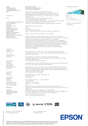 Page 4EPSON® is a registered trademark of SEIKO EPSON® Corporation. All other product names and other company
names used herein are for identification purposes only and may be trademarks or registered trademarks of their
respective owners. Errors and omissions excepted, all specifications are subject to change without notice.
EMP-TW520 - GB - 08/05
Model Epson EMP-TW520
Projection System Liquid Crystal Display with MLA 
Projection Method Front / Rear / Ceiling Mount
Specification of Main PartsLCD Size: 0.7...