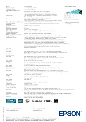 Page 4EPSON® is a registered trademark of SEIKO EPSON® Corporation. All other product names and other company
names used herein are for identification purposes only and may be trademarks or registered trademarks of their
respective owners. Errors and omissions excepted, all specifications are subject to change without notice.
EMP-TW600 - 1GB - 07/05
ModelEpson EMP-TW600Projection SystemLiquid Crystal Display with MLA Projection MethodFront / Rear / Ceiling MountSpecification of Main PartsLCD Size: 0.7 wide;...