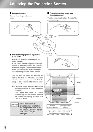 Page 1816
Adjusting the Projection Screen
Focus adjustment
Fine adjustments to image size (Zoom 
adjustment)
Projection image position adjustment 
(Lens shift)
V
H
When transporting the 
projector, make sure to turn 
the lens position down by the 
full amount. Otherwise the lens 
shift function may be 
damaged.
Focus adjustment
Turn the focus ring to adjust the 
focus.Turn the zoom ring to adjust the size of the 
projected image.
Fine adjustments to image size 
(Zoom adjustment)
Projection image position...