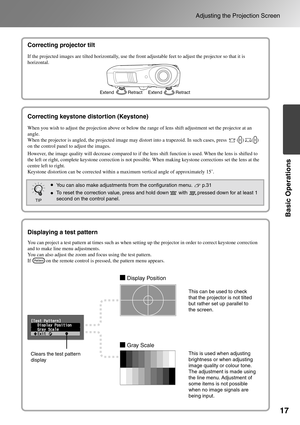 Page 1917
Adjusting the Projection Screen
Basic Operations
Correcting projector tilt
Correcting keystone distortion 
(Keystone)
Displaying a test pattern
If the projected images are tilted horizontally, use the front adjustable feet to adjust the projector so that it is 
horizontal.
Correcting projector tilt
Extend Retract Extend Retract
Correcting keystone distortion (Keystone)
When you wish to adjust the projection above or below the range of lens shift adjustment set the projector at an 
angle.
When the...