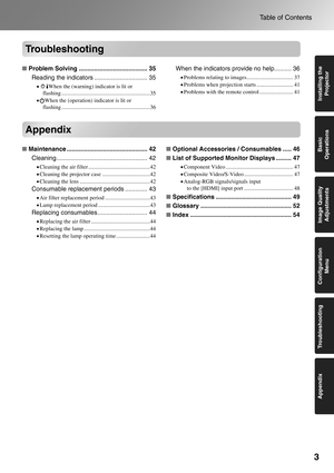 Page 53
Table of Contents
Basic 
Operations Appendix Troubleshooting Image Quality 
Adjustments Installing the 
Projector Configuration 
Menu
Troubleshooting
■Problem Solving ........................................ 35
Reading the indicators ............................... 35
•When the (warning) indicator is lit or 
flashing ...............................................................35
•When the (operation) indicator is lit or 
flashing ...............................................................36
When...