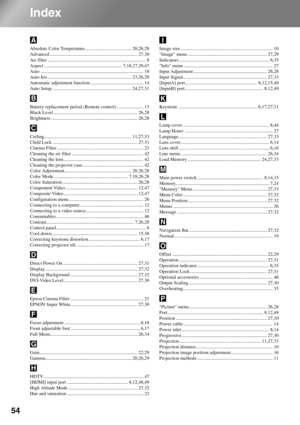 Page 5654
Index
Absolute Color Temperature....................................... 20,26,28
Advanced ......................................................................... 27,30
Air filter .................................................................................. 8
Aspect ................................................................. 7,18,27,29,47
Auto ...................................................................................... 18
Auto Iris...
