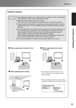 Page 1311
Setting up
Installing the Projector
* When suspending the projector from a ceiling, 
change the configuration menu settings.       p.33
Projection methods
When projecting from directly in front
When projecting from a cellingWhen projecting from the side of 
the screen
* Even if projection will be from the screen 
side, set up the screen and projector so that 
they are parallel.
Configuration menu
Settings
Projection
Front
Front/Ceiling
Avoid setting the projector up in a place which is very dusty or...