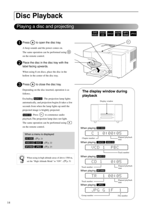 Page 1614
APress   to open the disc tray.
A beep sounds and the power comes on.
The same operation can be performed using   
on the remote control. 
BPlace the disc in the disc tray with the 
label facing upwards.
When using 8 cm discs, place the disc in the 
hollow in the center of the disc tray.
CPress   to close the disc tray.
Depending on the disc inserted, operation is as 
follows.
Excluding  : The projection lamp lights 
automatically, and projection begins.It takes a few 
seconds from when the lamp...