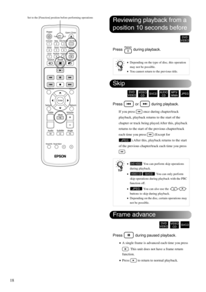 Page 2018
Press  during playback.
Press   or   during playback.
If you press   once during chapter/track 
playback, playback returns to the start of the 
chapter or track being played.After this, playback 
returns to the start of the previous chapter/track 
each time you press   (Except for 
).After this, playback returns to the start 
of the previous chapter/track each time you press 
.
Press   during paused playback.
•A single frame is advanced each time you press 
. This unit does not have a frame return...