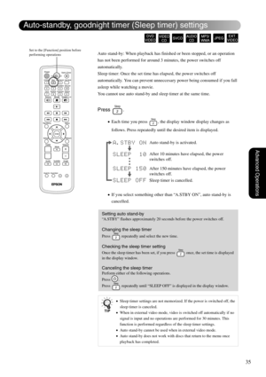 Page 3735
Advanced Operations
Auto stand-by: When playback has finished or been stopped, or an operation 
has not been performed for around 3 minutes, the power switches off 
automatically.
Sleep timer: Once the set time has elapsed, the power switches off 
automatically. You can prevent unneccesary power being consumed if you fall 
asleep while watching a movie.
You cannot use auto stand-by and sleep timer at the same time.
Press .
•Each time you press  , the display window display changes as 
follows. Press...