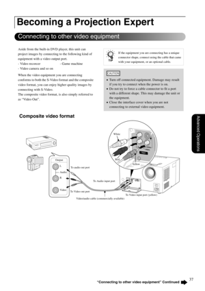 Page 3937
Advanced Operations
Aside from the built-in DVD player, this unit can 
project images by connecting to the following kind of 
equipment with a video output port.
- Video recorcer - Game machine
- Video camera and so on
When the video equipment you are connecting 
conforms to both the S-Video format and the composite 
video format, you can enjoy higher quality images by 
connecting with S-Video.
The composite video format, is also simply referred to 
as “Video Out”. 
 Composite video format
Becoming a...