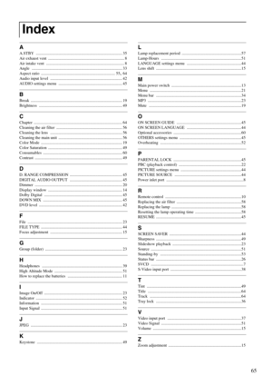 Page 6765
A
A.STBY .................................................................................... 35
Air exhaust vent
 .......................................................................... 8
Air intake vent
 ............................................................................ 8
Angle
 ........................................................................................ 33
Aspect ratio
 ........................................................................ 55, 64
Audio input level...