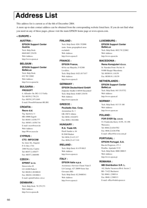 Page 6866
This address list is current as of the 6th of December 2004.
A more up-to-date contact address can be obtained from the corresponding website listed here. If you do not find what 
you need on any of these pages, please visit the main EPSON home page at www.epson.com. 
< EUROPE > 
Address List
AUST RIA  : 
EPSON Support Center 
Austria 
Tech. Help Desk:
00491805 235470
Web Address:
http://www.epson.at
BELGIUM : 
EPSON Support Center 
BeNeLux 
Tech. Help Desk:
032 702 22082
Web Address:...