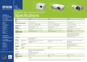 Page 8EPSON AUSTRALIA  
CUSTOMER SERVICE LINETel: 1300 361 054VISIT OUR WEBSITE:www.epson.com.auHEAD OFFICE
SYDNEY
3 Talavera Road
North Ryde, NSW 2113
Tel: (02) 8899 3666
MELBOURNE
Tel: (03) 8823 9200
BRISBANE
Tel: (07) 3360 0219
PERTH
Tel: (08) 9480 0418
ADELAIDE
Tel: (08) 8237 0518EPSON NEW ZEALAND  
CUSTOMER SERVICE LINETel: 0800 23 77 66VISIT OUR WEBSITE:www.epson.co.nzAUCKLAND
245 Hobson Street
Auckland NZ
Tel: (09) 366 6855
WELLINGTON
Tel: (04) 473 3494
ABN 91 002 625 783 
10/06
HOME 
CINEMA...