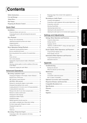 Page 31
Quick Start
Settings and 
Adjustments
Appendix
Advanced Operations
Safety Instructions ..................................................... 2
Use and Storage ......................................................... 5
About Discs ............................................................... 7
Part Names ................................................................ 8
Preparing the Remote Control ................................... 11
Quick Start
Installation...