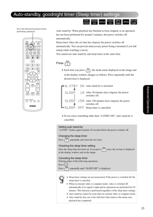 Page 3735
Advanced Operations
Auto stand-by: When playback has finished or been stopped, or an operation 
has not been performed for around 3 minutes, the power switches off 
automatically.
Sleep timer: Once the set time has elapsed, the power switches off 
automatically. You can prevent unneccesary power being consumed if you fall 
asleep while watching a movie.
You cannot use auto stand-by and sleep timer at the same time.
Press .
•Each time you press  , the mode name displayed on the image and 
in the...