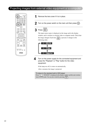 Page 4442
1Remove the lens cover if it is in place.
2Turn on the power switch on the main unit then press  .
3Press .
The input source name is displayed on the image and in the display 
window, and it switches to external video or computer mode. Check that 
the image changed. Each time   is pressed, it changes in the 
following order.
4Turn on the power supply for the connected equipment and 
press the “Playback” or “Play” button for the video 
equipment. 
If the lamp was off, it comes on automatically.
After a...