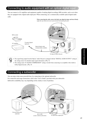 Page 4745
Advanced Operations
You can connect to AV amplifiers and equipment capable of making digital recordings (MD recorders, and so-on) when 
they are equipped with a digital audio input port. When connecting, use a commercially available optical digital audio 
cable.
You can enjoy richer more powerful bass, by connecting to the optional subwoofer.
For connection and usage instructions, refer to the “User’s Guide” provided with your subwoofer. 
Subwoofer availability may vary depending on the country or...