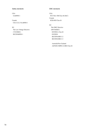 Page 7270
Safety standards
USA
UL60950-1
Canada
CSA C22.2 No.60950-1
EU
The Low Voltage Directive
(73/23/EEC)
IEC/EN60950-1EMC standards
USA
FCC Part 15B Class B (DoC)
Canada
ICES-003 Class B
EU
The EMC Directive
(89/336/EEC)
EN55022, Class B
EN55024
IEC/EN61000-3-2
IEC/EN61000-3-3
Australia/New Zealand
AS/NZS CISPR 22:2002 Class B 