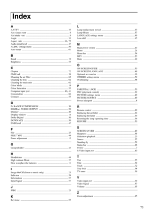 Page 7573
A
A.STBY .................................................................................... 35
Air exhaust vent
 .......................................................................... 8
Air intake vent
 ............................................................................ 8
Angle
 ........................................................................................ 33
Aspect ratio
 ........................................................................ 61, 72
Audio input level...