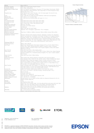 Page 4ModelEpson EMP-X3Projection SystemRGB Liquid Crystal Shutter Projection SystemProjection MethodFront / Rear / Ceiling MountSpecification of Main PartsSize: 0.6" with MLA; Driving Method: Poly-silicon TFT Active Matrix; Pixel Number: 786432 
LCD dots (1024x768) x3; Native Resolution: XGA; Aspect Ratio: 4:3; Pixel Arrangement: Stripe; 
Refresh Rate: 50 Hz - 72 Hz
Projection Lens Type: Manual: zoom / focus; F-Number: 1.60-1.74; Focal Length: 18.4 mm-22.12 mm;
Zoom Ratio: 1-1.2; Lens Cover: Included
Lamp...