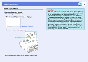 Page 52Replacing Consumables
52
Replacing the LampfLamp replacement period
It is time to replace the lamp when: 
 The message Replace the lamp. is displayed.
 The lamp indicator flashes orange.
 The projected image gets darker or starts to deteriorate.
A message is displayed. 
Flashing orange
Attention The lamp replacement message is set to appear after the following 
time periods in order to maintain the initial brightness and quality 
of the projected images. 
s
Brightness Control p.28
·When used...
