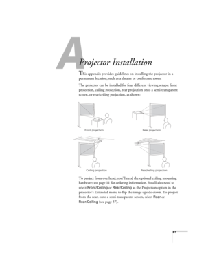 Page 8181
A
Projector Installation
This appendix provides guidelines on installing the projector in a 
permanent location, such as a theater or conference room.
The projector can be installed for four different viewing setups: front 
projection, ceiling projection, rear projection onto a semi-transparent 
screen, or rear/ceiling projection, as shown: 
To project from overhead, you’ll need the optional ceiling mounting 
hardware; see page 11 for ordering information. You’ll also need to 
select 
Front/Ceiling or...