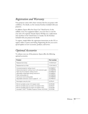 Page 11Welcome11
Registration and Warranty
Your projector comes with a basic warranty that lets you project with 
confidence. For details, see the warranty brochure included with your 
projector. 
In addition, Epson offers free Extra Care
SM Road Service. In the 
unlikely event of an equipment failure, you won’t have to wait for 
your unit to be repaired. Instead, Epson will ship you a replacement 
unit anywhere in the United States or Canada. See the brochure 
included with your projector for details.
To...