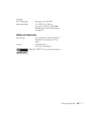 Page 83Technical Specifications83
Humidity
(non-condensing) Operating: 20 to 80% RH
Operating altitude 0 to 7500 ft (0 to 2286 m); 
over 4921 ft (1500 m), enable 
High 
Altitude
 mode in the Extended menu 
(see page 50)
Safety and Approvals
United States FCC 47CFR Part 15B Class B (DoC)
UL60950-1 First Edition (cTUVus 
Mark)
Canada ICES-003 Class B
CSA C22.2 No. 60950-1
 Pixelworks
™ DNX™ ICs are used in this projector. 