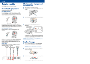 Page 3
Guide rapide
Avant d’utiliser le projecteur, assurez-vous de lire les instructions de sécurité 
dans le Guide de l’utilisateur sur le CD de votre projecteur.
Branchez le projecteur
Choisissez parmi les connexions suivantes : 
Port USB de l’ordinateur
Branchez l’extrémité carrée d’un câble USB (non inclus) dans le port USB 
de type B (carré)du projecteur. Branchez l’extrémité plate du câble 
dans un port USB de votre ordinateur (Windows® 2000 ou version ultérieure 
seulement). Vous pouvez aussi brancher...