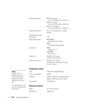 Page 104104Technical SpecificationsProjection distanceEX31 (4:3 image)
34 to 412 inches (87 to 1047 cm)
EX51 (4:3 image)
35 to 431 inches (89 to 1095 cm)
EX71 (16:10 image)
36 to 429 inches (91 to 1089 cm)
Projection methods Front, rear, upside-down (ceiling 
mount)
Internal sound system
(monaural) 1 W
Optical aspect ratioEX31/EX51
4:3 (horizontal:vertical)
EX71
16:10 (horizontal:vertical)
Zoom ratioEX31
Digital 1:1.35
EX51/EX71
Manual 1:1.2
Noise level 29 dB in ECO mode
37 dB in Normal mode 
Keystone correction...