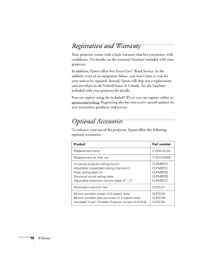 Page 1616Welcome
Registration and Warranty
Your projector comes with a basic warranty that lets you project with 
confidence. For details, see the warranty brochure included with your 
projector. 
In addition, Epson offers free Extra Care
SM Road Service. In the 
unlikely event of an equipment failure, you won’t have to wait for 
your unit to be repaired. Instead, Epson will ship you a replacement 
unit anywhere in the United States or Canada. See the brochure 
included with your projector for details.
You can...