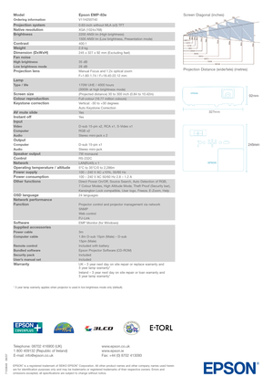 Page 4Telephone: 08702 416900 (UK)
1800 409132 (Republic of Ireland)
Email: info@epson.co.uk
EPSON®is a registered trademark of SEIKO EPSON®Corporation. All other product names and other company names used herein
are for identification purposes only and may be trademarks or registered trademarks of their respective owners. Errors and
omissions excepted, all specifications are subject to change without notice.
Projection Distance (wide/tele) (metres)
www.epson.co.uk
www.epson.ie
Fax: +44 (0) 8702 413093Screen...