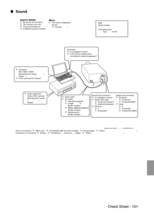 Page 103 Check Sheet - 101
 Sound
Inquiry details❒   No sound can be heard
❒   The volume is too low
❒   The sound breaks up
❒   A different sound is emittedMenu❒   The menu is displayed
      Sound
      ❒   Volume(          )EMP
Serial number
Purchasing time
         Year,         month
Connector
❒   Is it plugged in firmly?
❒   Is the sound emitted when 
      connected to external speakers?
❒   Computer 
      Win  MAC  EWS
      Manufacturers name(              )
      Model    (                 )...