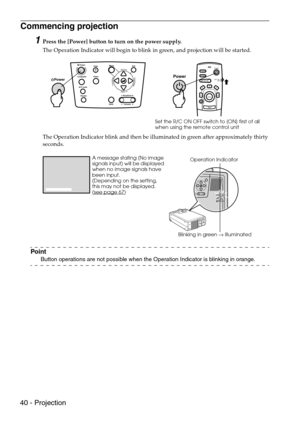 Page 4240 - Projection
Commencing projection
1Press the [Power] button to turn on the power supply.
The Operation Indicator will begin to blink in green, and projection will be started.
The Operation Indicator blink and then be illuminated in green after approximately thirty 
seconds.
Point
Button operations are not possible when the Operation Indicator is blinking in orange.
Power
Video
Computer
A/V mute
Resize
EscHelpMenu
ShiftKeystoneVolume
Sync.
Sync.
TrackingTrackingPower
Power
Freeze
A/V MuteE-ZoomR/C ON...