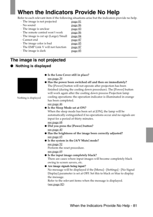 Page 83 When the Indicators Provide No Help - 81
When the Indicators Provide No Help
Refer to each relevant item if the following situations arise but the indicators provide no help.
·The image is not projected page 81
·No sound page 86·The image is unclear page 83·The remote control won’t work page 86
·The image is cut up (Large)/Small page 84·Cannot end page 87·The image color is bad page 85
·The EMP Link V will not function page 87·The image is dark page 85
The image is not projected
 Nothing is displayed...