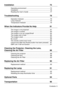 Page 7Contents- 5
Installation  75
Operating environment ....................................................... 75
Installation .......................................................................... 76
Reading the User’s Guide  .................................................. 77
Troubleshooting  78
Operation Indicator ............................................................. 78
Lamp Indicator  ................................................................... 79
Temperature Indicator...