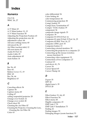 Page 109 Index - 107
Index
Numerics
13w3 26
5BNC
 26, 27
A
A/V Mute 65
A/V Mute button
 13, 15
A/V Mute Function
 50
Adjusting the Projection Position
 43
Adjusting the projection size
 44
adjustment values
 46
Advance settings menu
 60
Advanced
 66, 67
Air Filter (suction inlet)
 12
All reset menu
 60
Audio #1 Port
 14
Audio Cable
 29
Auto adjustment
 45
Auto button
 16
B
Bar 56, 65
Bass
 64
Battery Cover
 17, 19
BNC
 65
Box
 54, 64
Brightness
 63
C
Canceling effects 56
Capture
 66
Capture menu
 60
Ceiling
 67...