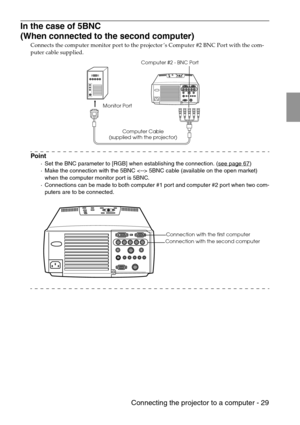 Page 31 Connecting the projector to a computer - 29
In the case of 5BNC
(When connected to the second computer)
Connects the computer monitor port to the projector’s Computer #2 BNC Port with the com-
puter cable supplied.
Point
·Set the BNC parameter to [RGB] when establishing the connection. (see page 67)
·Make the connection with the 5BNC  5BNC cable (available on the open market) 
when the computer monitor port is 5BNC.
·Connections can be made to both computer #1 port and computer #2 port when two com-...