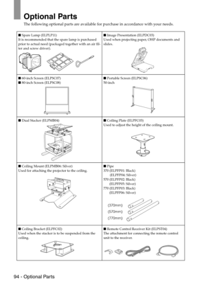 Page 9694 - Optional Parts
Optional Parts
The following optional parts are available for purchase in accordance with your needs.
 Spare Lamp (ELPLP11)
It is recommended that the spare lamp is purchased 
prior to actual need (packaged together with an air fil-
ter and screw driver). Image Presentation (ELPDC03)
Used when projecting paper, OHP documents and 
slides.
 60-inch Screen (ELPSC07)
 80-inch Screen (ELPSC08) Portable Screen (ELPSC06)
50-inch
 Dual Stacker (ELPMB04) Ceiling Plate (ELPFC03)
Used to...