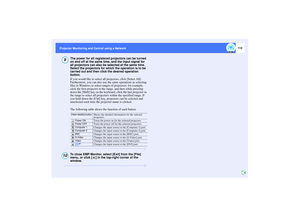 Page 113112
Projector Monitoring and Control using a Network Projector Monitoring and Control using a Network
The power for all registered projectors can be turned 
on and off at the same time, and the input signal for 
all projectors can also be selected at the same time. 
Select the projectors for which the operation is to be 
carried out and then click the desired operation 
button.
If you would like to select all projectors, click [Select All]. 
Furthermore, you can also use the same operations as selecting...