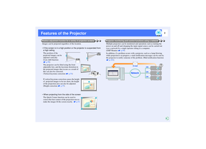 Page 32
Features of the ProjectorImages can be projected regardless of the location.
• If the screen is in a high position or the projector is suspended from 
a high ceiling. 
The position of the 
projected images can be 
adjusted vertically.
(Lens shift function 
 p.50) 
The projector can be tilted using the front 
adjustable feet, and the keystone distortion in 
the projected images that occurs as a result of 
this can also be corrected.
(Vertical keystone correction   p.54)
If vertical keystone correction...