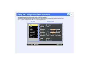 Page 7877
Using the Configuration Menu FunctionsThe configuration menus can be used to carry out a variety of settings and adjustments.
The menus have a hierarchical structure, with a main menu that is divided into sub-menus, which are further divided into other sub-menus.
Refer to Using the Configuration Menus (  p.96) for details on using the menus.
Video
Audio
Color Mode Position
Tracking
Sync.
Brightness
Contrast
Sharpness
:
: :
: :
Select 0000
     0
     0
    0
+
-+
-
Adjust
[Presentation    ]
:
:...