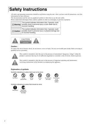 Page 42
All safety and operating instructions should be read before using the unit. After you have read all instructions, save this 
information for later reference.
The documentation and the unit use graphical symbols to show how to use the unit safely.
Please understand and respect these caution symbols in order to avoid injury to persons or property.
Caution :
To reduce the risk of electric shock, do not remove cover (or back). No user-serviceable parts inside. Refer servicing to 
qualified service...