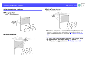 Page 1211
EMP-S1 User’s Guide Before Using the Projector > Installation
Other installation methodsfRear projection
(Using a translucent screen)
fCeiling projectionfCeiling/Rear projection
(Using a translucent screen)
* The optional ceiling mount is required when installing the projector from 
a ceiling. Please contact your dealer if you wish to use this method, as 
special equipment is required for installation. sOptional Accessories 
P.60p
When using rear projection, or projecting from a ceiling, select 
the...