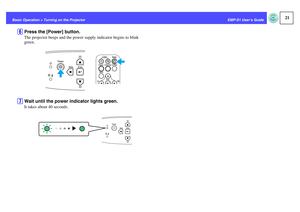 Page 2221
EMP-S1 User’s Guide Basic Operation > Turning on the Projector
F
Press the [Power] button.The projector beeps and the power supply indicator begins to blink 
green.
G
Wait until the power indicator lights green.It takes about 40 seconds. 