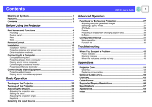 Page 43
EMP-S1 User’s Guide
ContentsMeaning of Symbols ........................................................................ 1
Features ............................................................................................ 2
Contents ........................................................................................... 3Before Using the ProjectorPart Names and Functions ............................................................. 4
Front/Top...